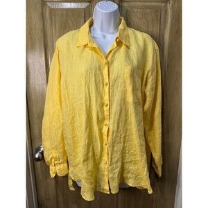 Magaschoni Linen Button Down Shirt Long Sleeve Pocket Yellow Sz Medium